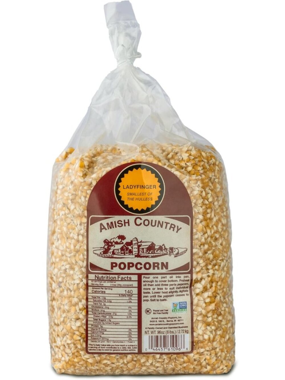Non-GMO Ladyfinger Popcorn Kernels, 6LB - Gluten-Free, Hulless, Old-Fashioned